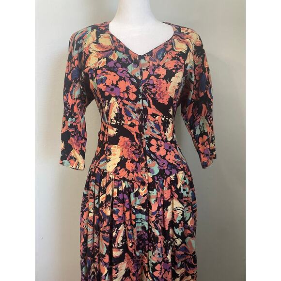 Vintage 90's Starina Creation Paris Floral V-Neck Midi Dress Boho Size Medium - Picture 3 of 9